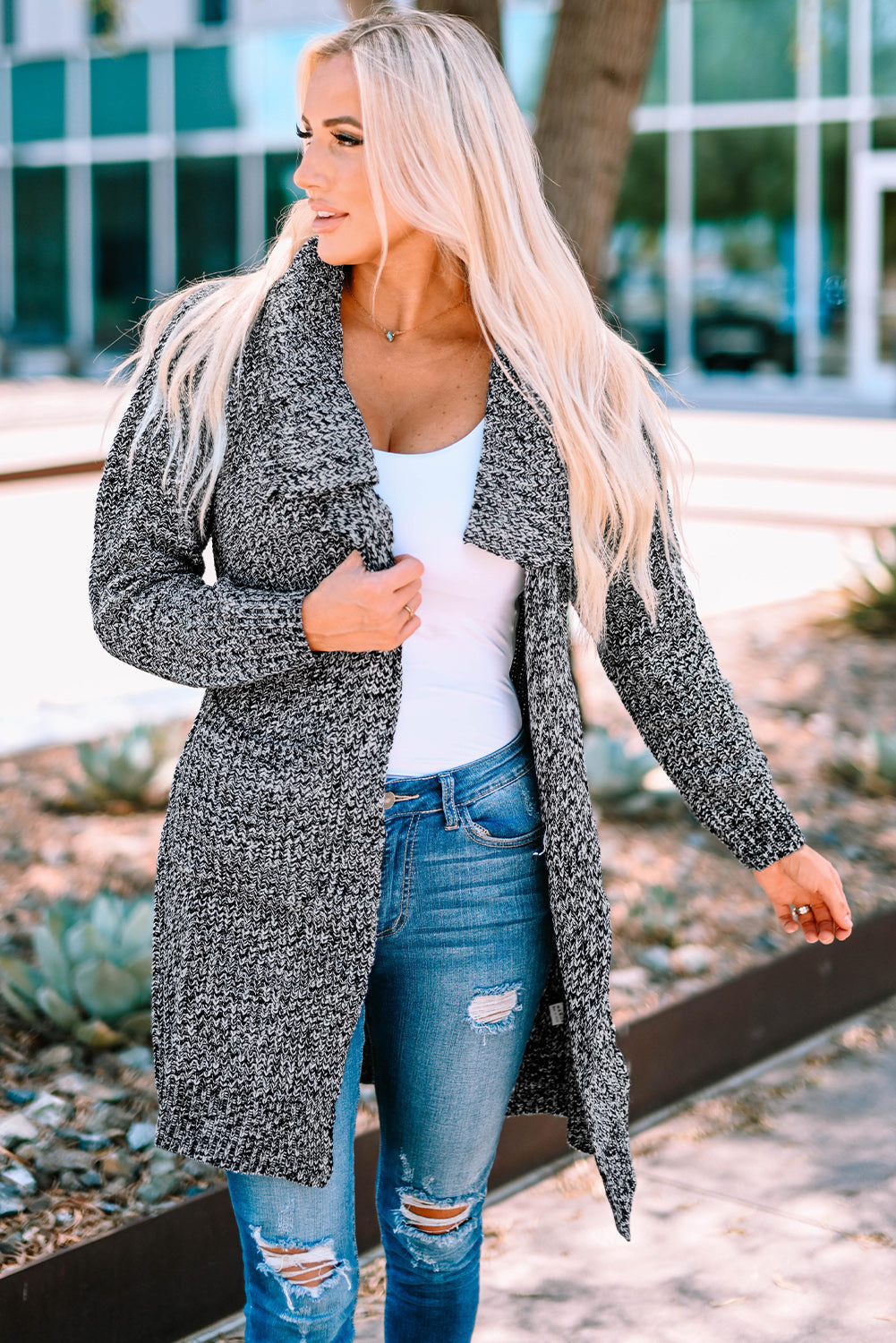 Melierter Longline-Cardigan mit offener Vorderseite und Taschen