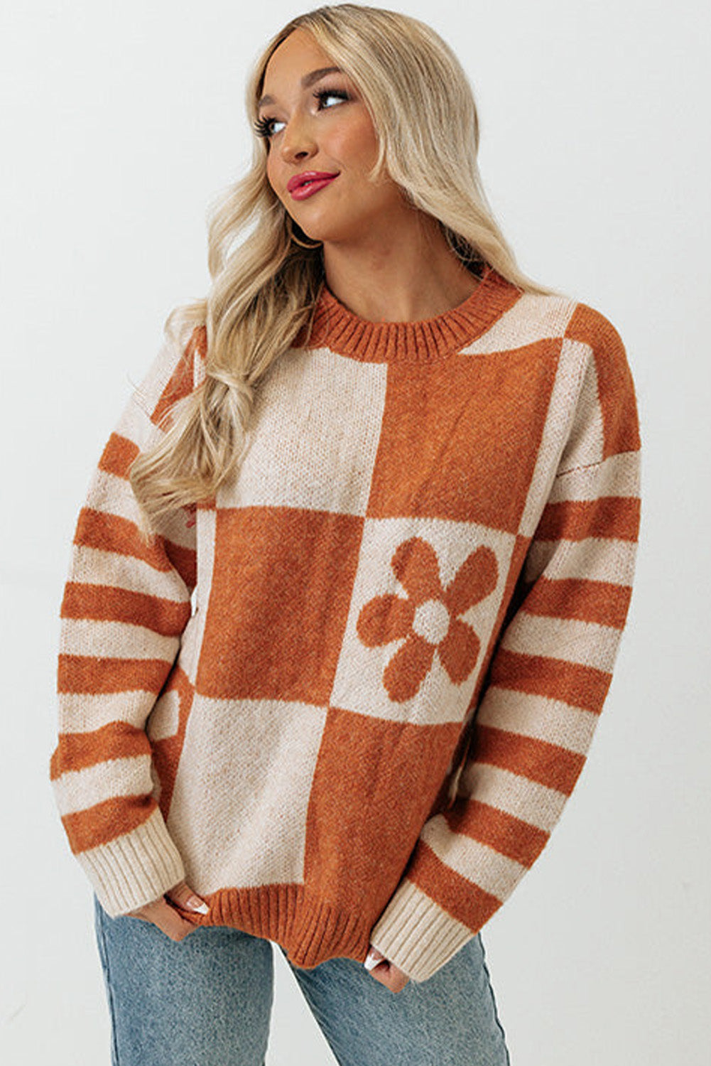 Brown Checkered Striped Knitted Pullover Sweater