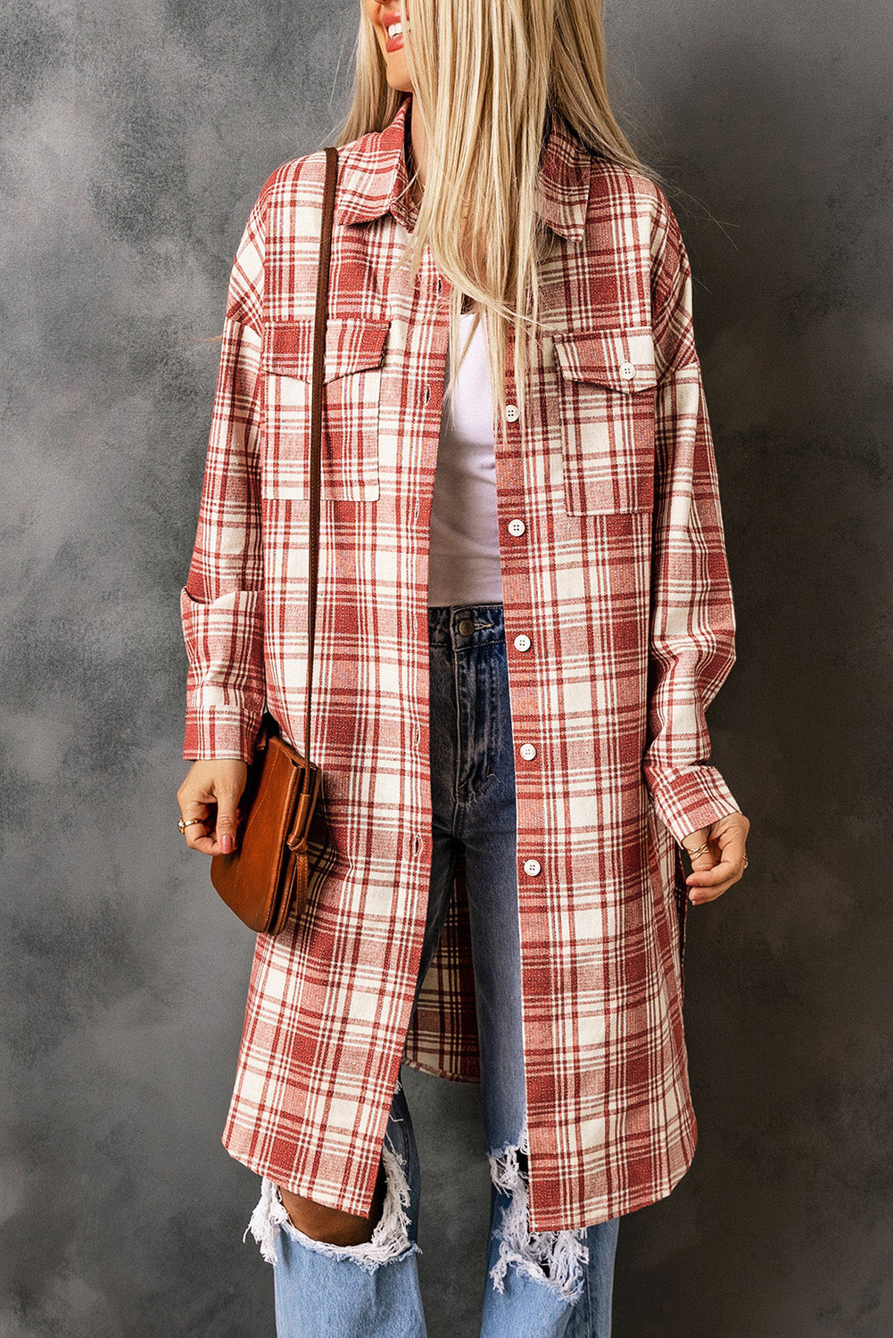 Karierte, lange Hemdjacke mit Knopfleiste und Brusttaschen