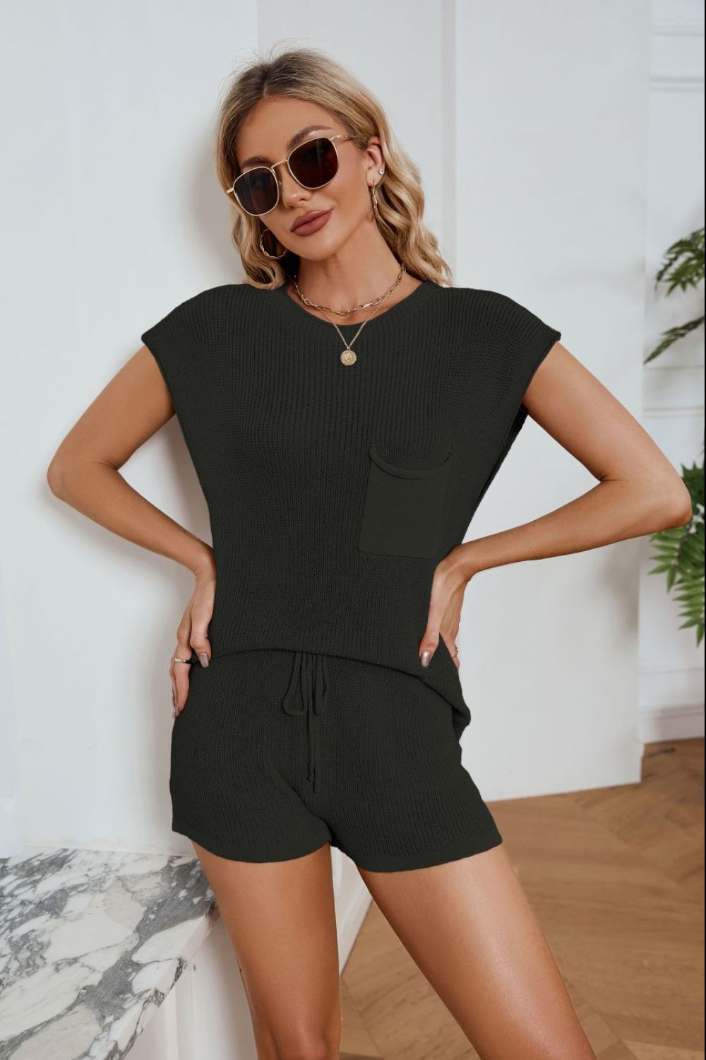 Ribbed Round Neck Pocket Knit Top Shorts Set