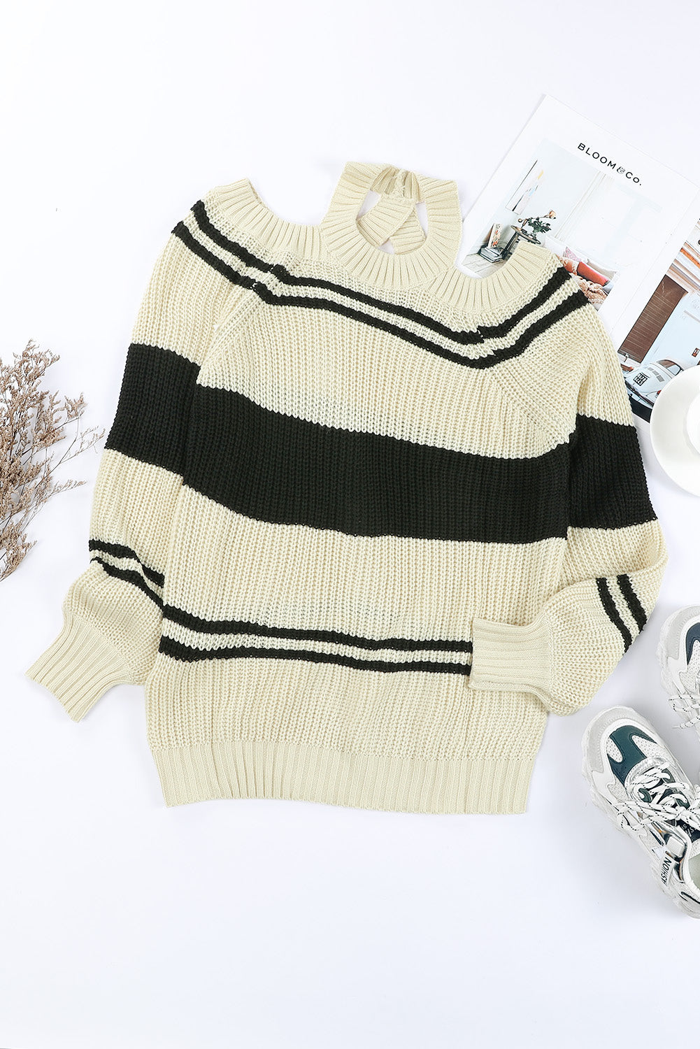 Striped Rib-Knit Cold-Shoulder Sweater