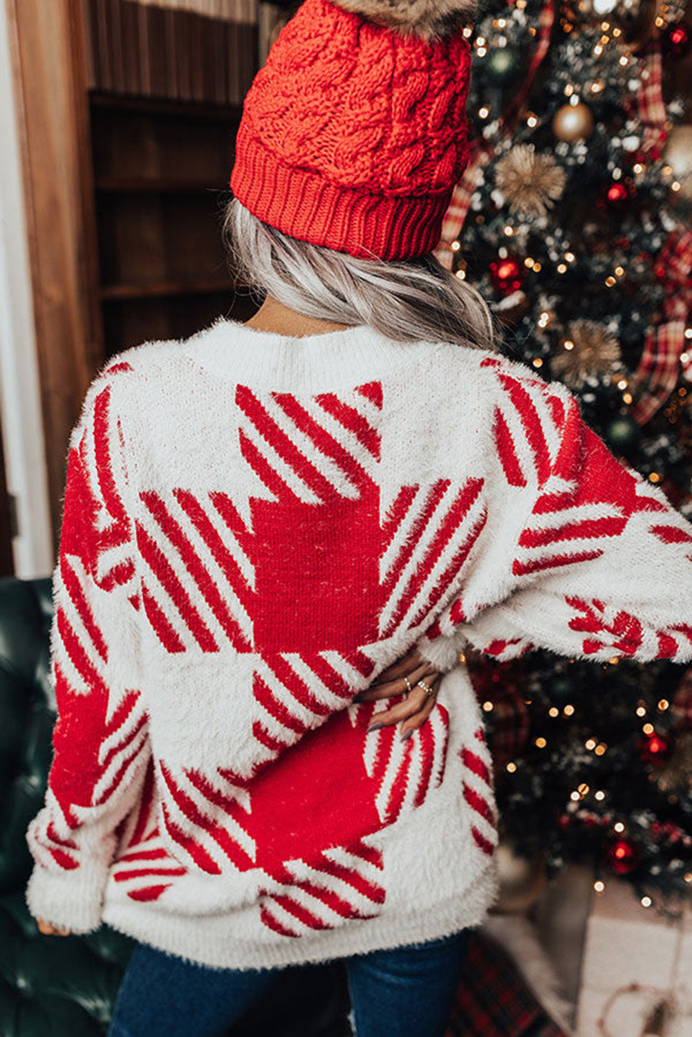 Red Fuzzy Check Drop Shoulder Sweater