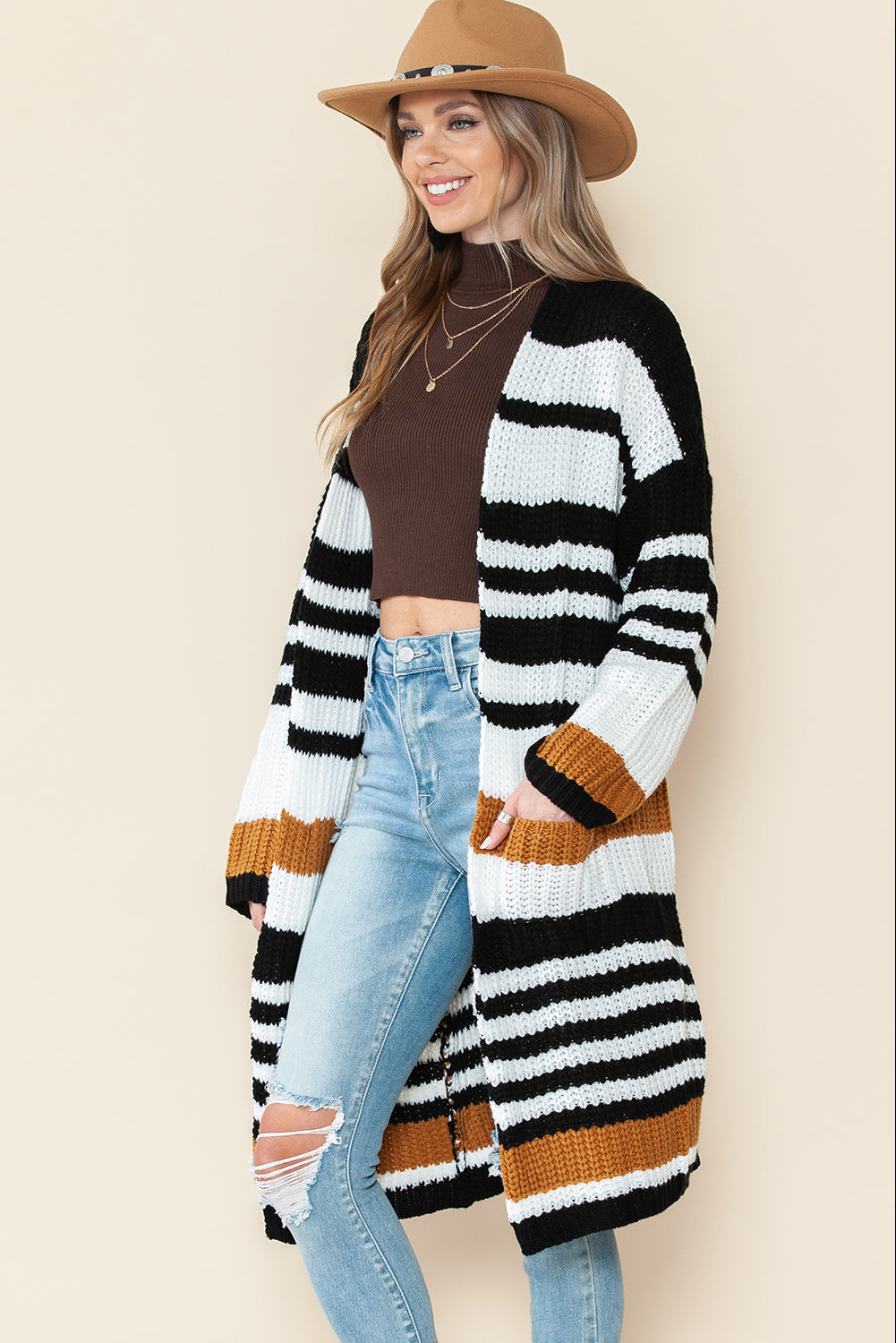 Striped Drop Shoulder Open Front Long Cardigan