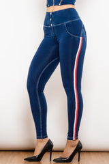 Skinny Jeans mit seitlichen Streifen und Knöpfen und hoher Taille