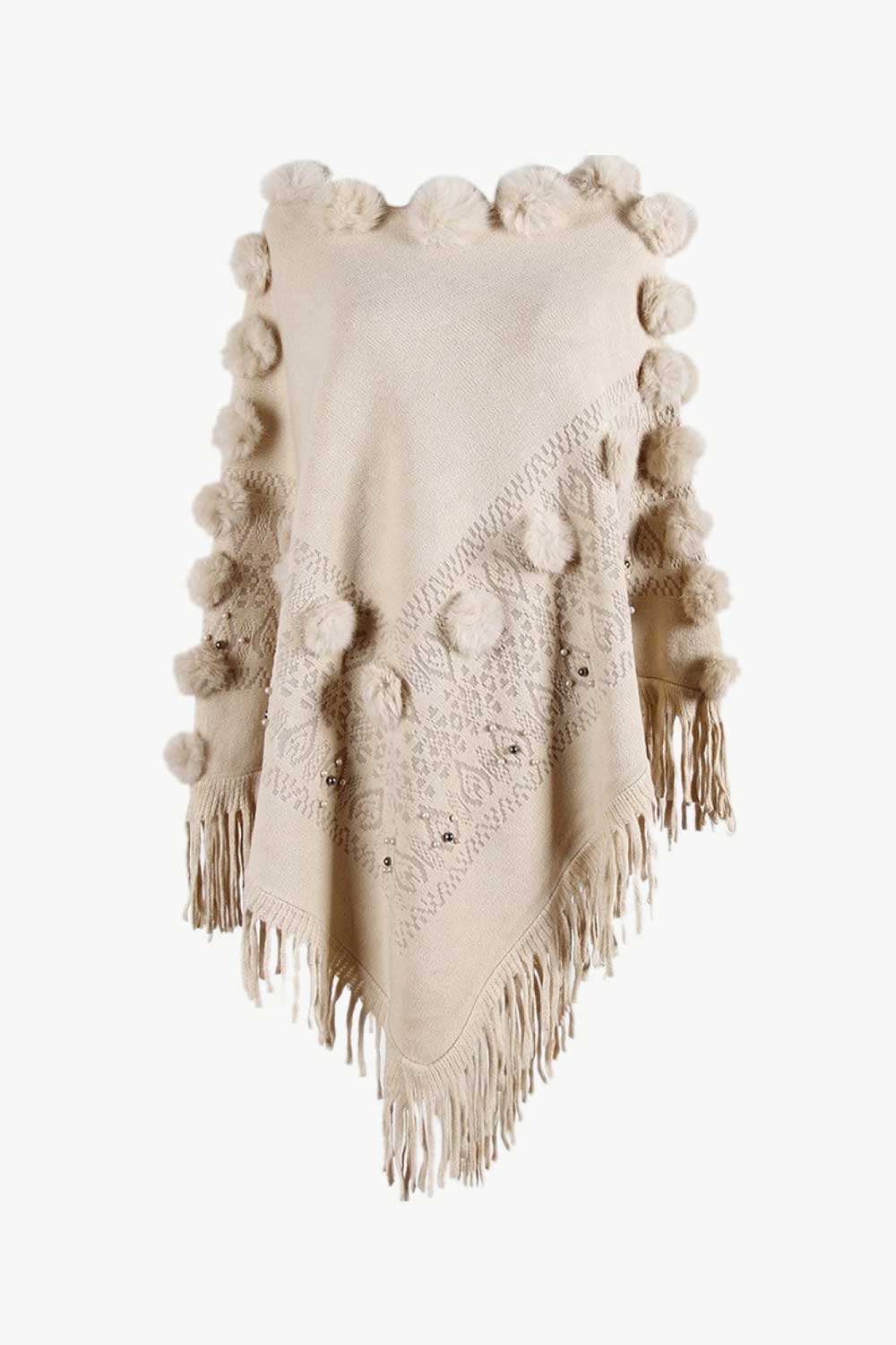 Bead Trim Boat Neck Fringed Poncho