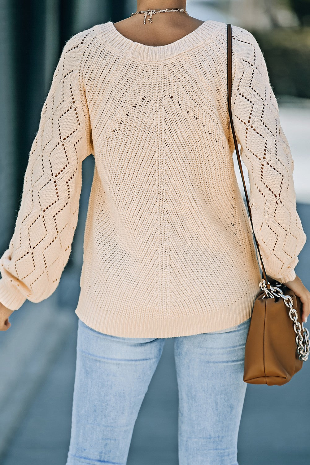 Openwork Round Neck Raglan Sleeve Sweater