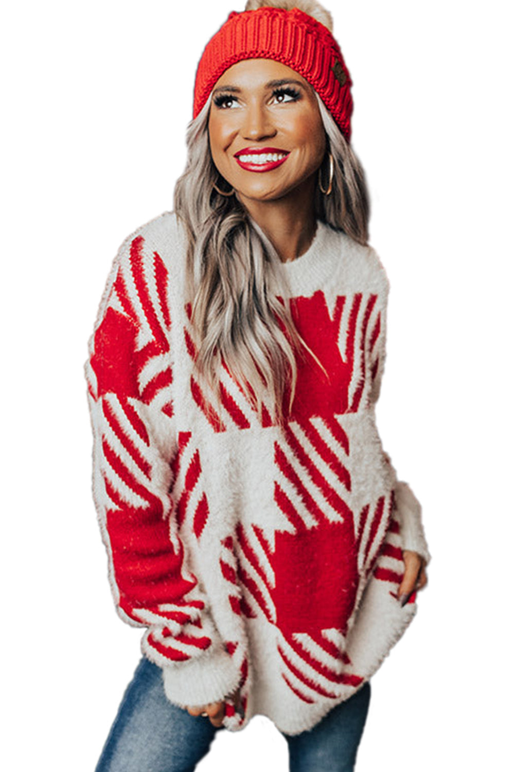 Red Fuzzy Check Drop Shoulder Sweater