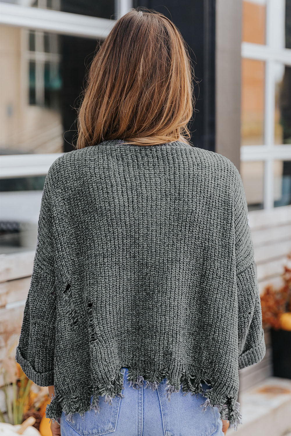 Distressed Rib-Knit Sweater with Breast Pocket