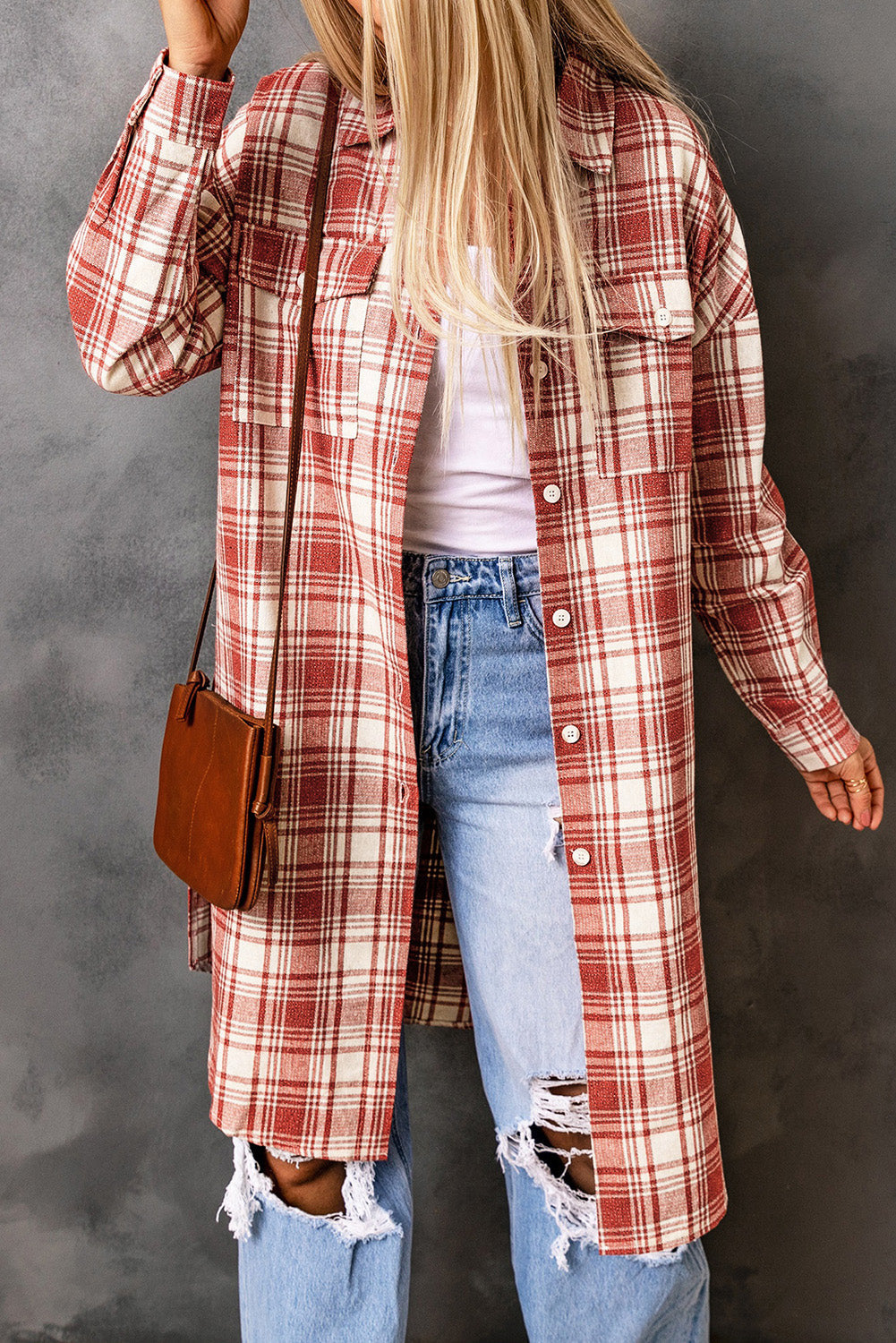 Karierte, lange Hemdjacke mit Knopfleiste und Brusttaschen
