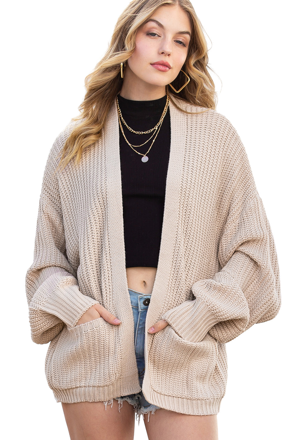 Apricot Solid Pocketed Open Short Cardigan