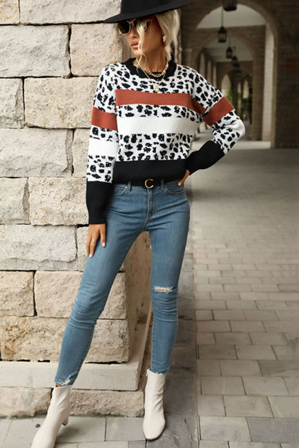 Printed Color Block Round Neck Sweater