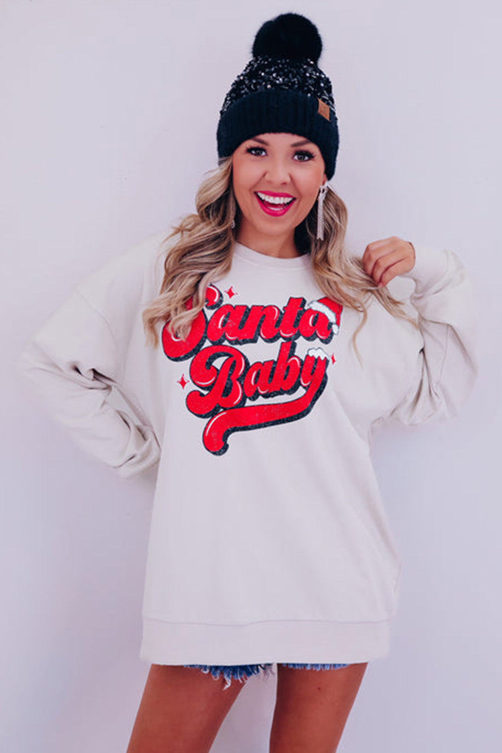Weißes Sweatshirt mit Weihnachtsmann-Baby-Grafik