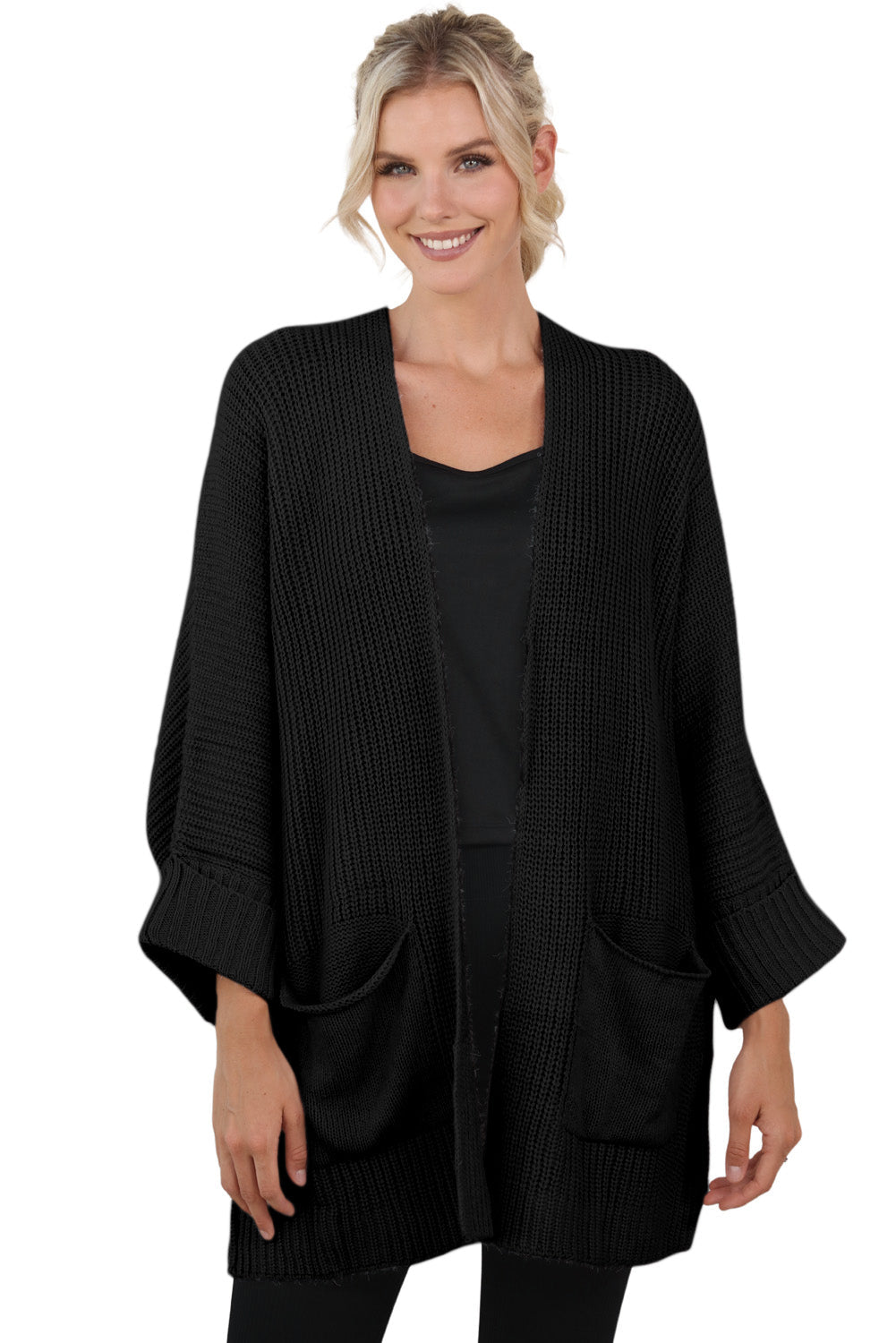 Graue Oversize-Strickjacke mit Zopfmuster und Fledermausärmeln