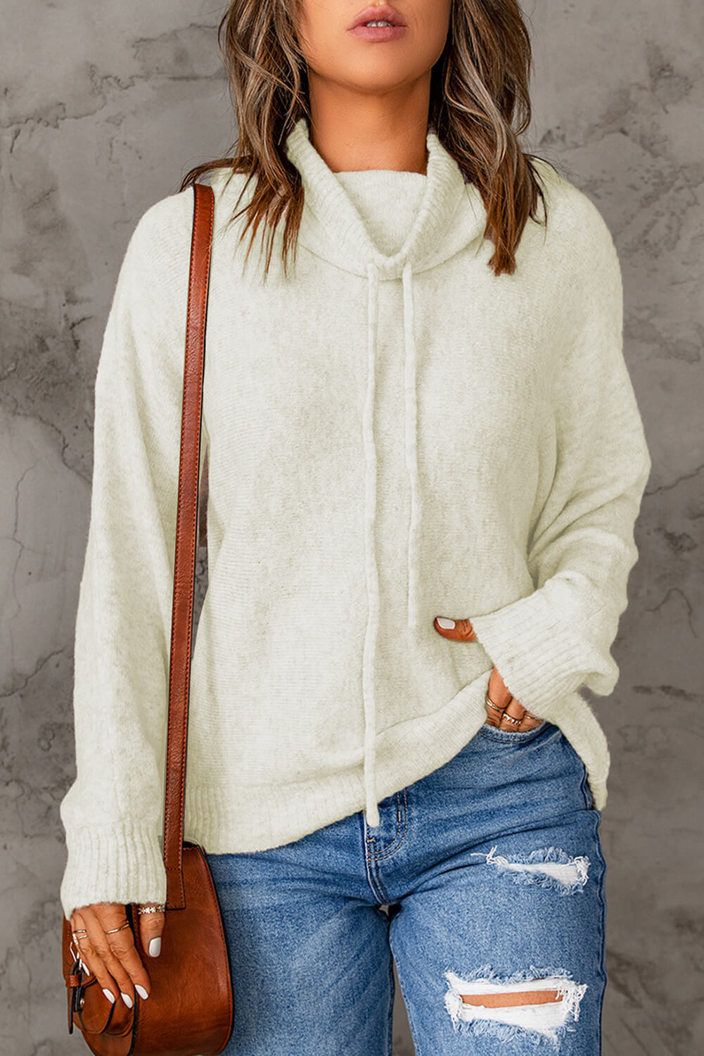 Drawstring Cowl Neck Ribbed Trim Sweater