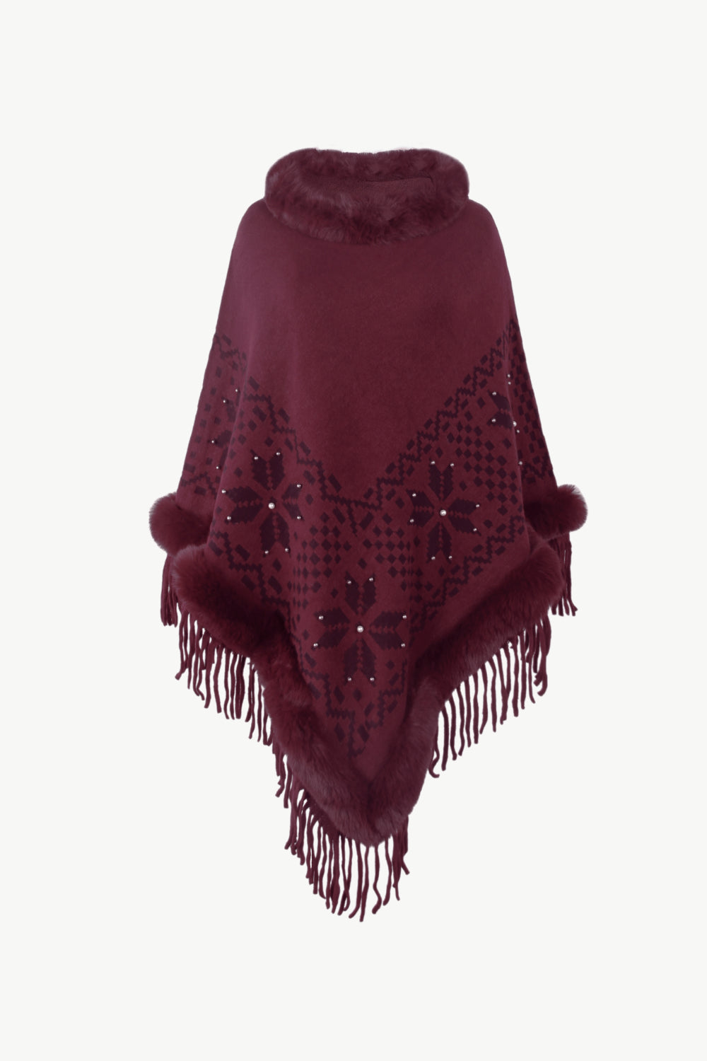 Patterned Faux Fur Trim Fringe Hem Poncho