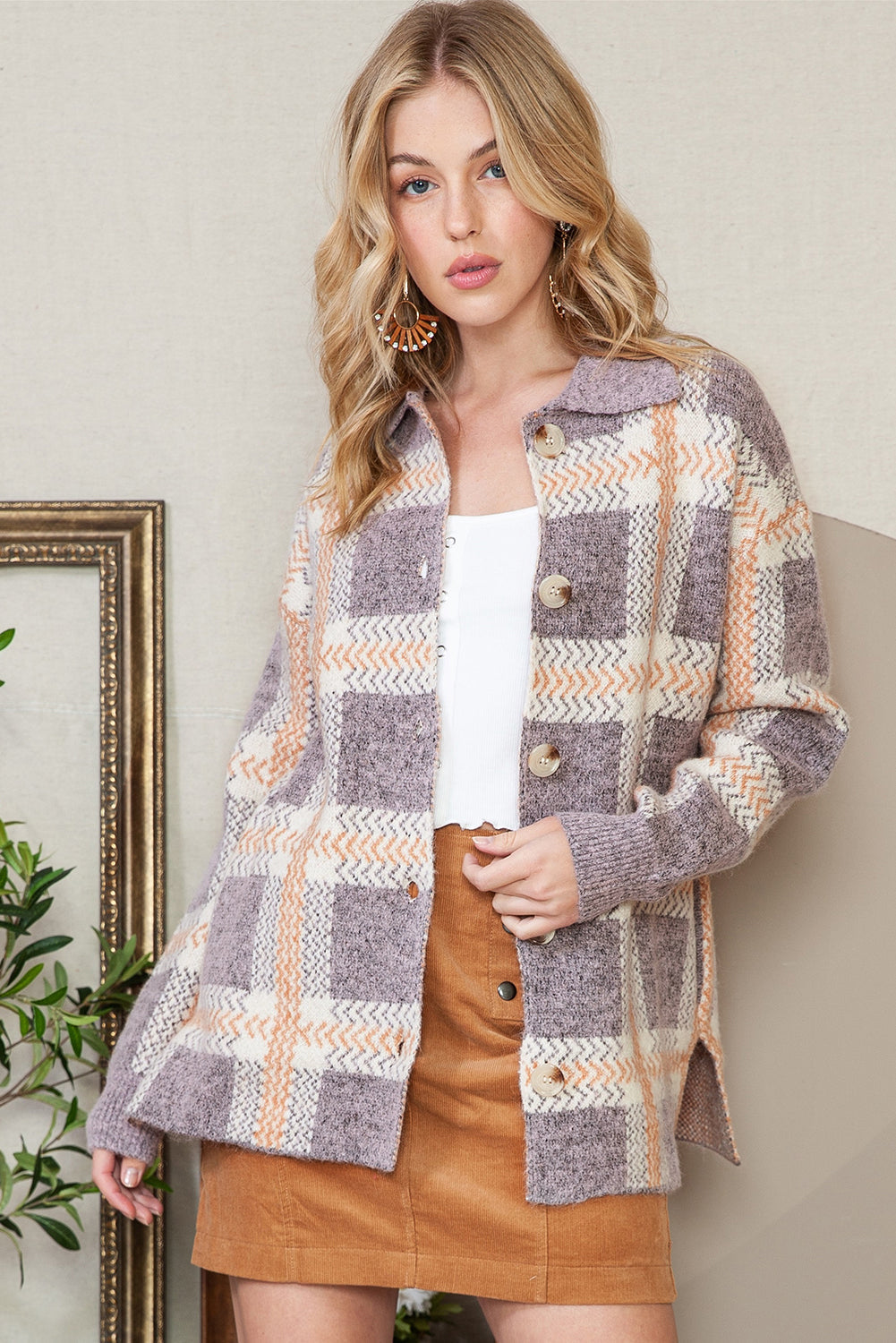 Sky Blue Plaid Collared Button Up Fuzzy Cardigan