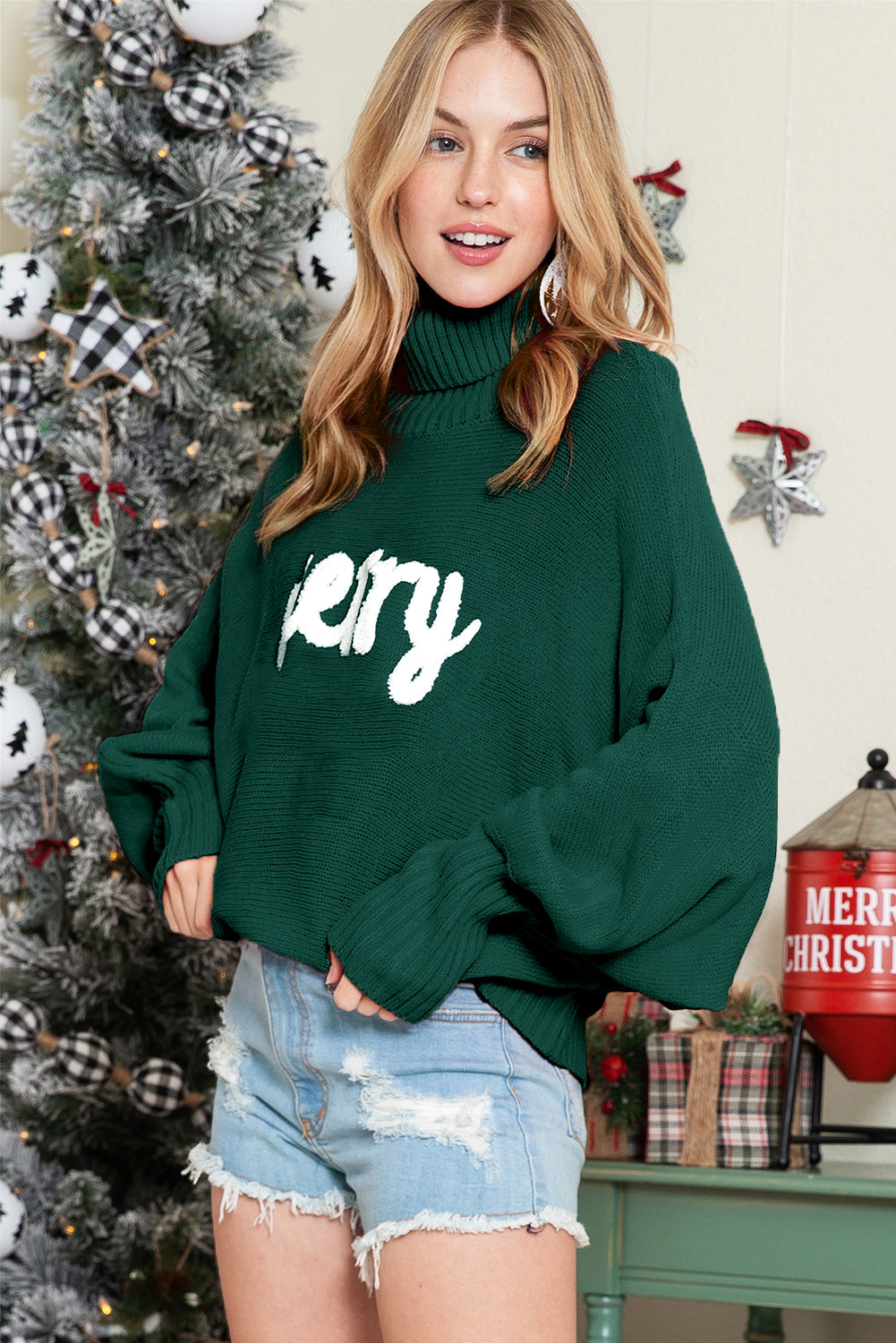 Pull rouge à col roulé et manches chauve-souris « Joyeux Noël »