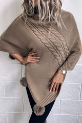 Cable-Knit Pompom Trim Turtleneck Poncho