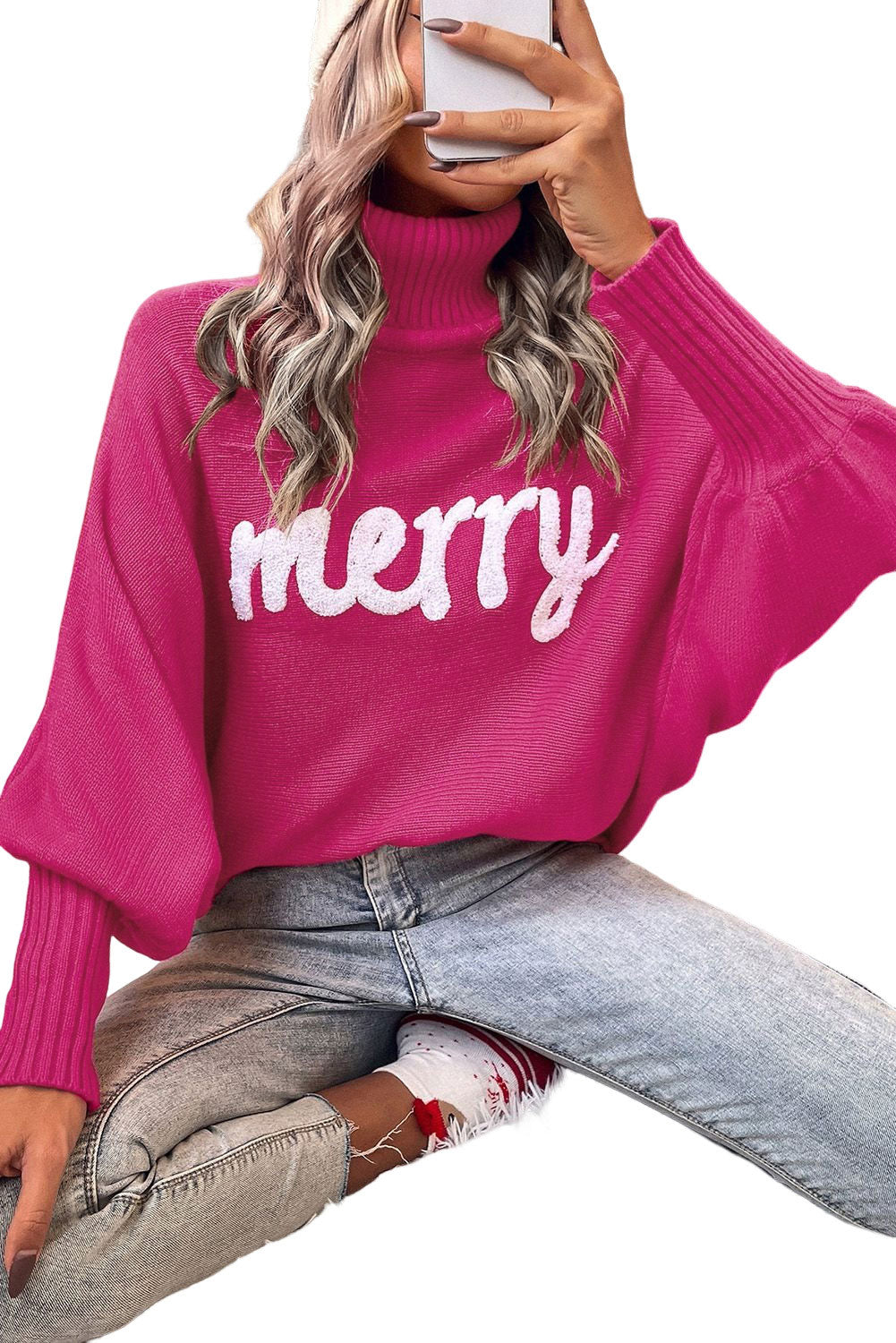Pull rouge à col roulé et manches chauve-souris « Joyeux Noël »