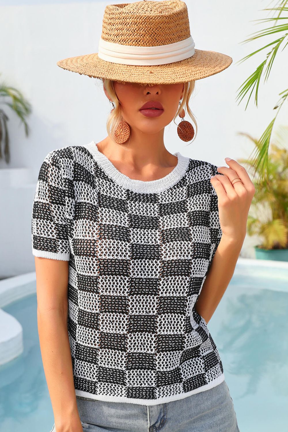 Kariertes Kurzarm-Stricktop