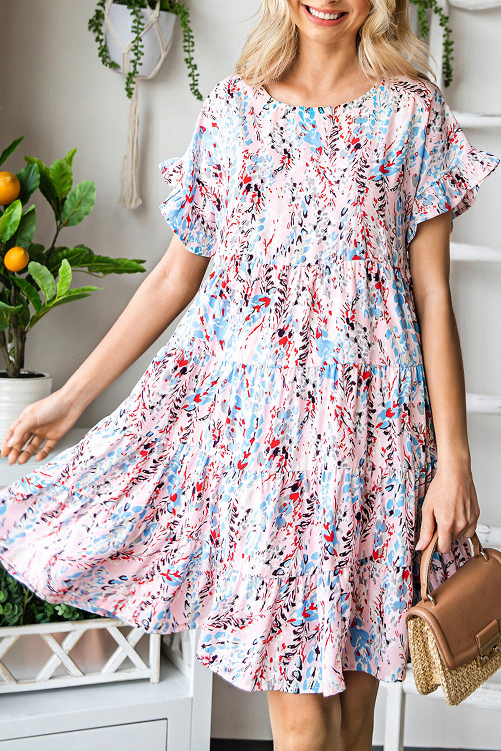 Robe imprimée à volants courts et manches à volants