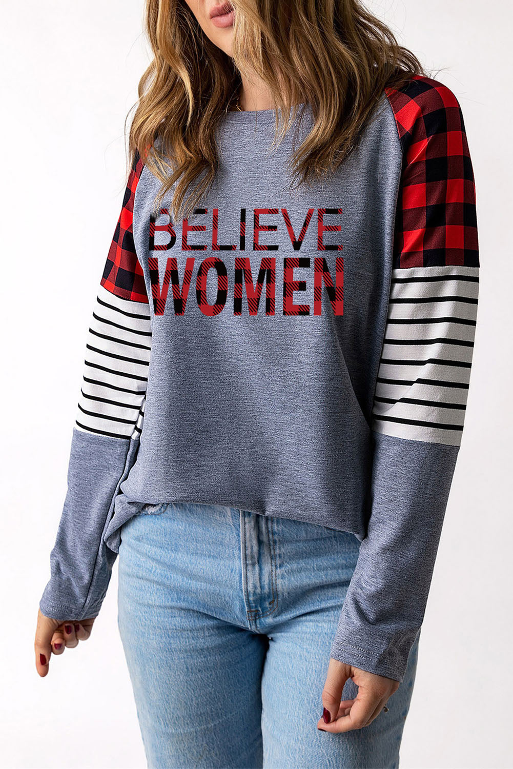 BELIEVE Plaid Striped Raglan Sleeve Top