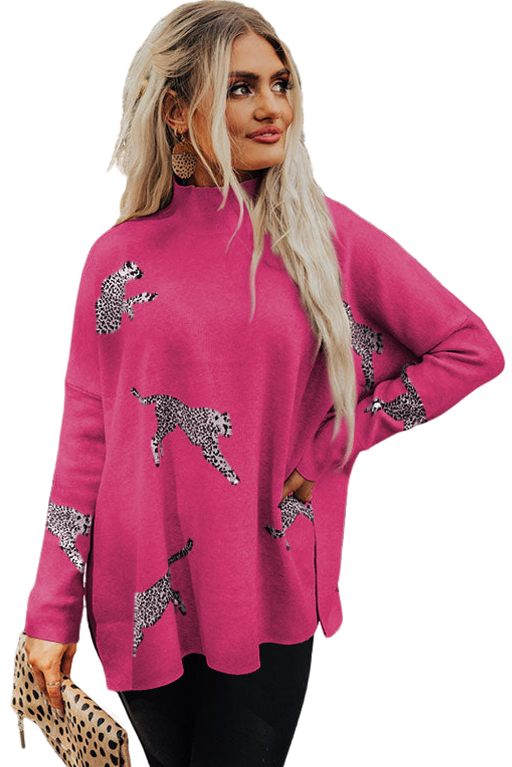 Parchment Cheetah Print High Neck Split Hem Sweater