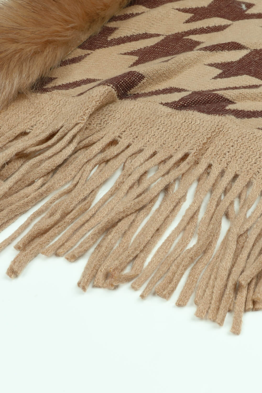 Houndstooth Faux Fur Trim Fringe Hem Poncho