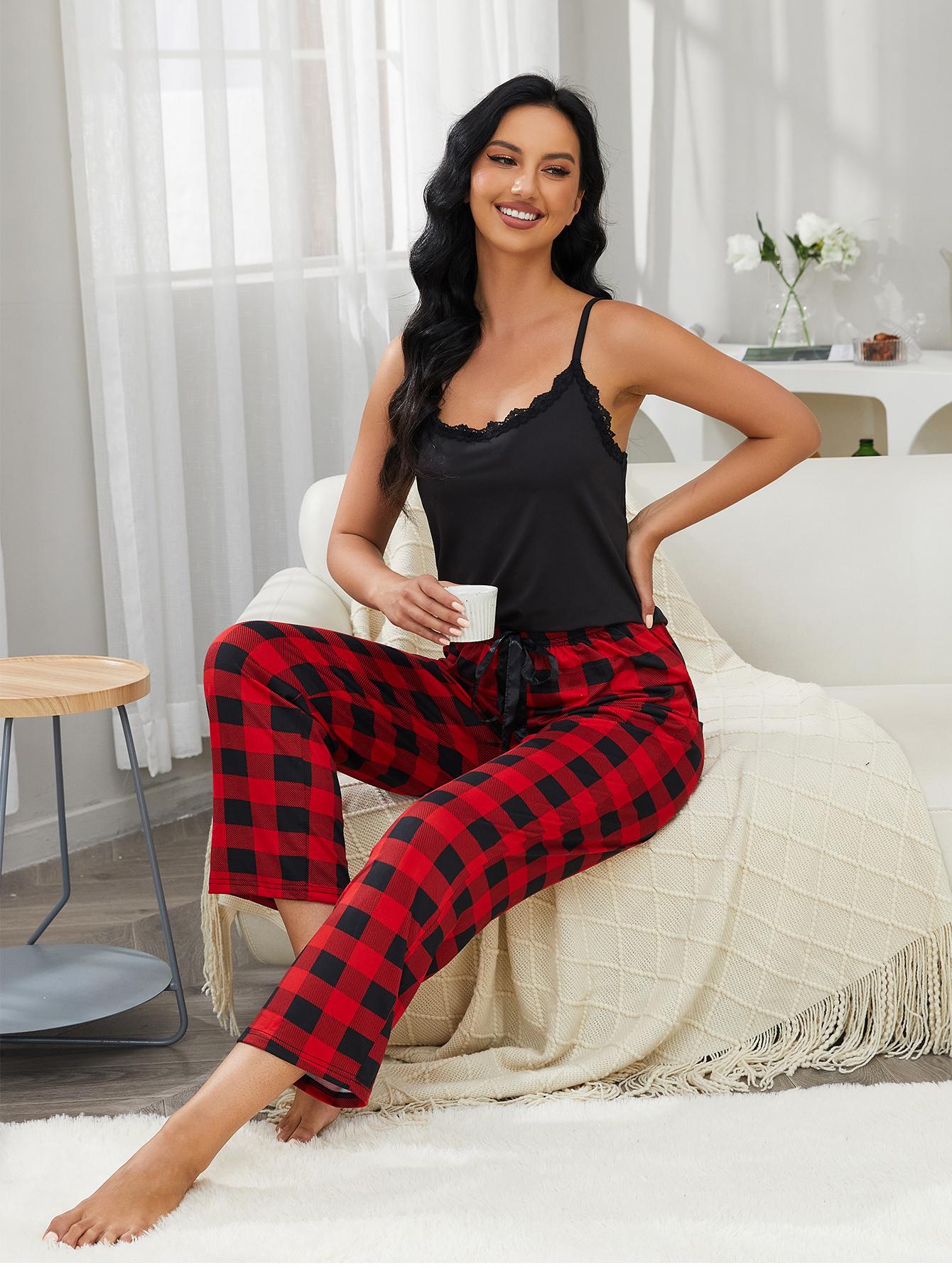 Lace Trim Cami Plaid Pants Lounge Set