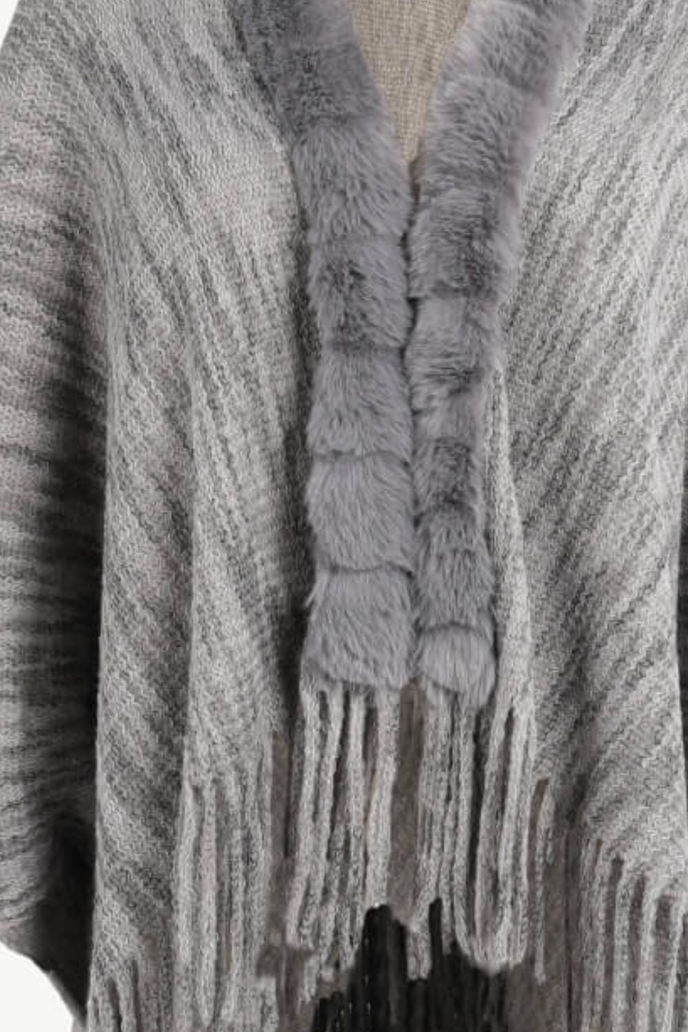 Heathered Faux Fur Fringe Hem Poncho