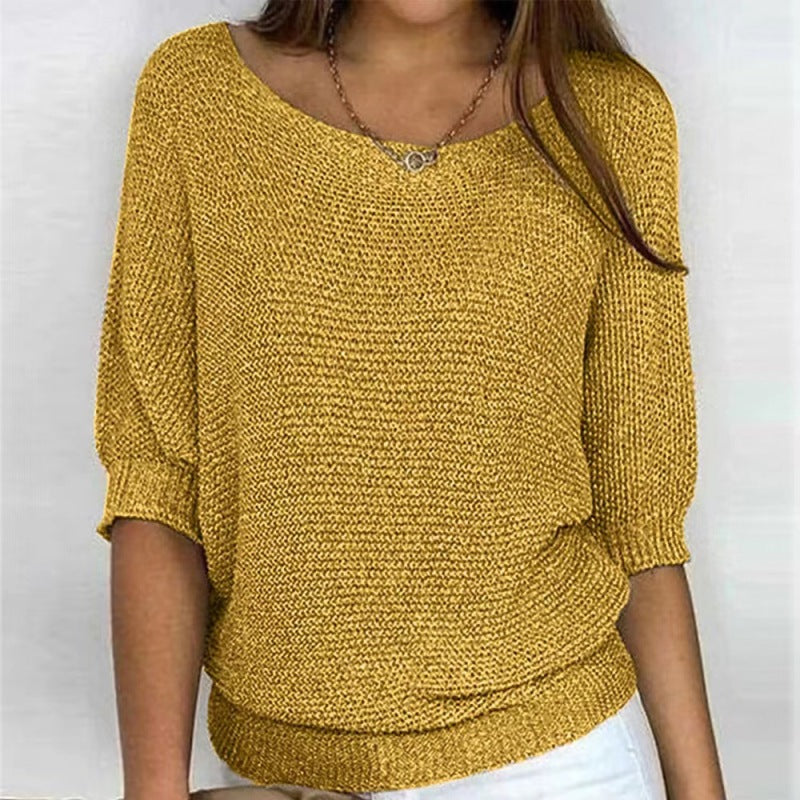 Rundhals-Strickpullover mit Dreiviertelärmeln 