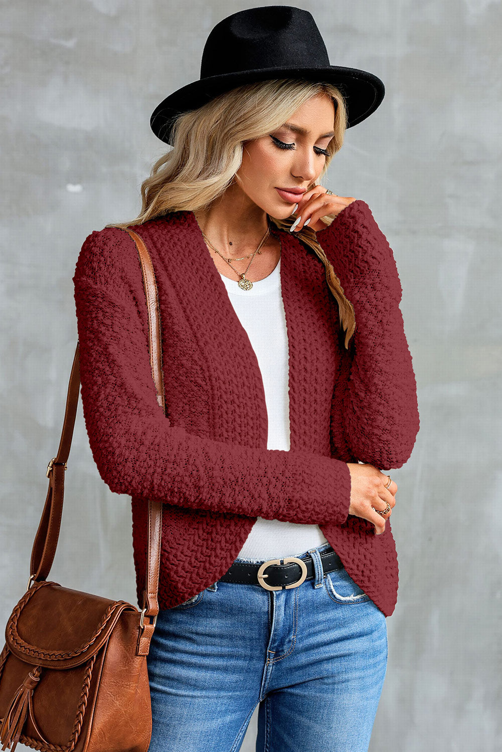 Apricot Popcorn Knit Open Front Cardigan