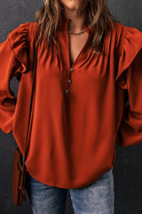 Ruffle Shoulder Buttoned Pleated Detail Blouse