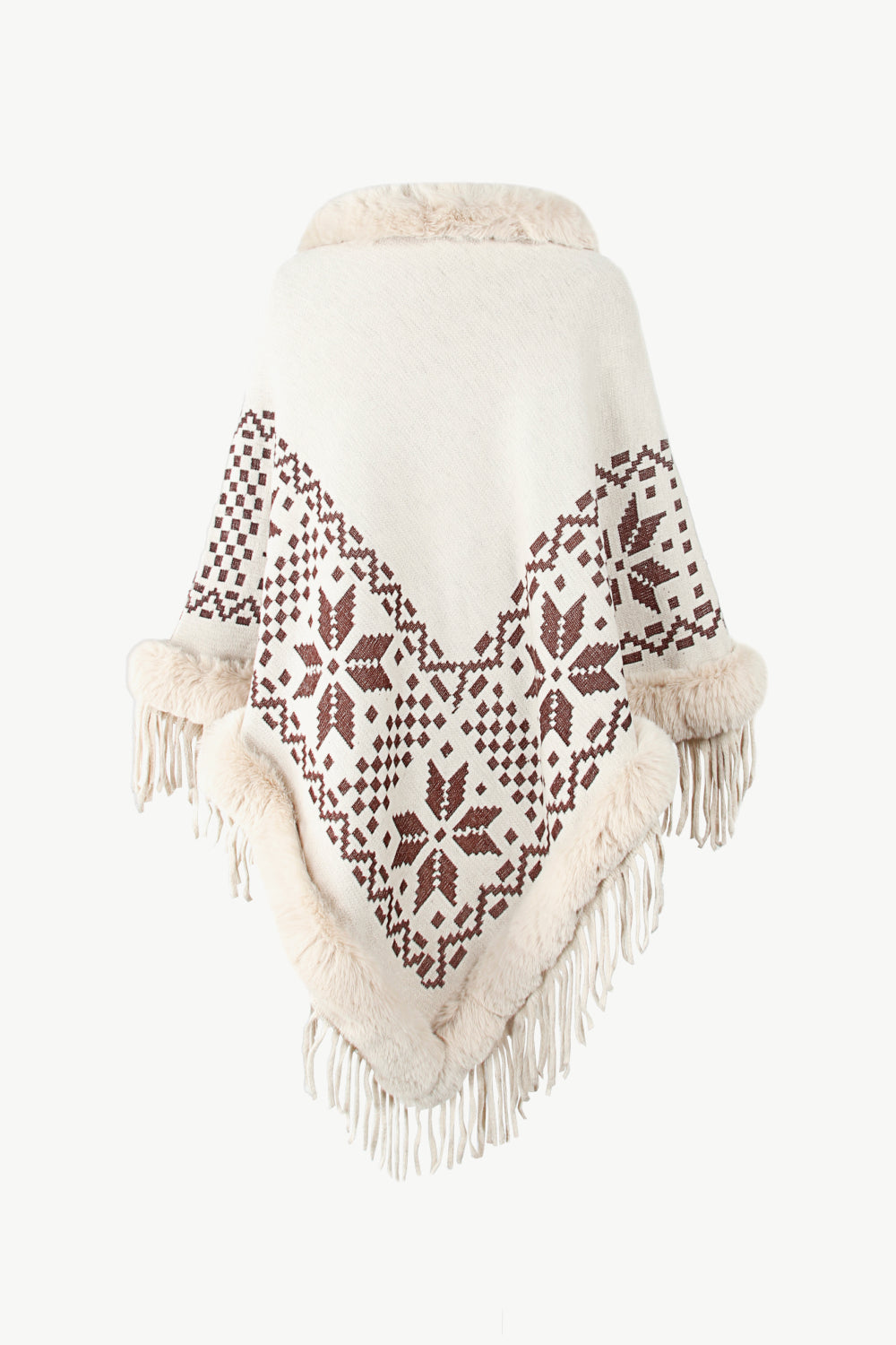 Patterned Faux Fur Trim Fringe Hem Poncho