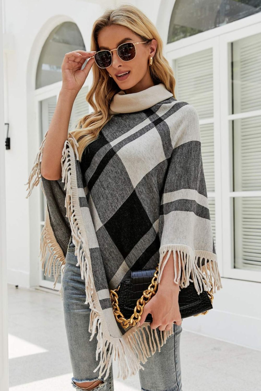 Plaid Fringe Hem Turtleneck Poncho