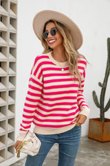 Striped Round Neck Dropped Shoulder Knit Pullover