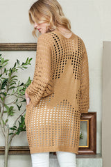 Kamelfarbener Pointelle-Strickcardigan mit offener Vorderseite und Tasche