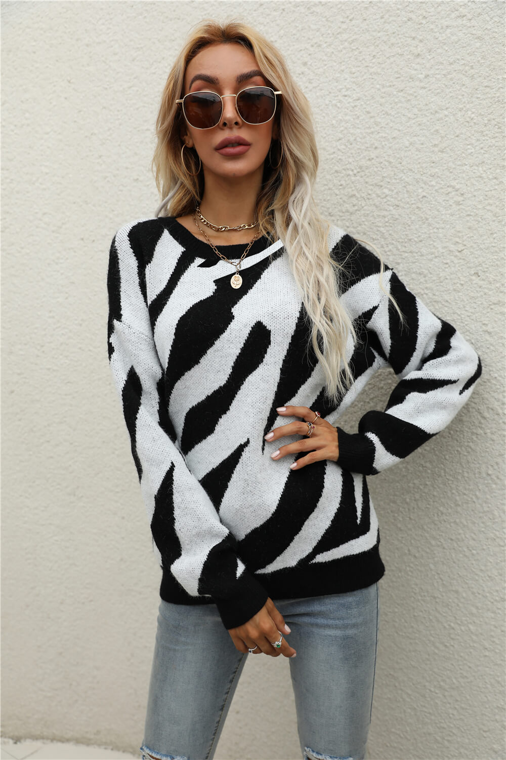 Animal Print Round Neck Dropped Shoulder Sweater