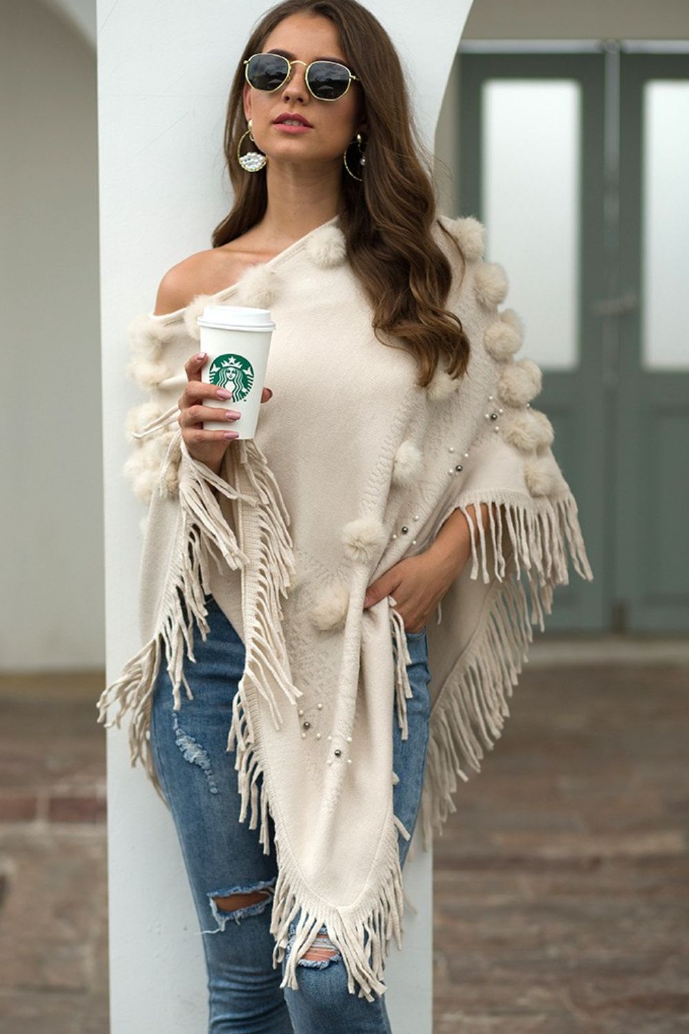 Bead Trim Boat Neck Fringed Poncho