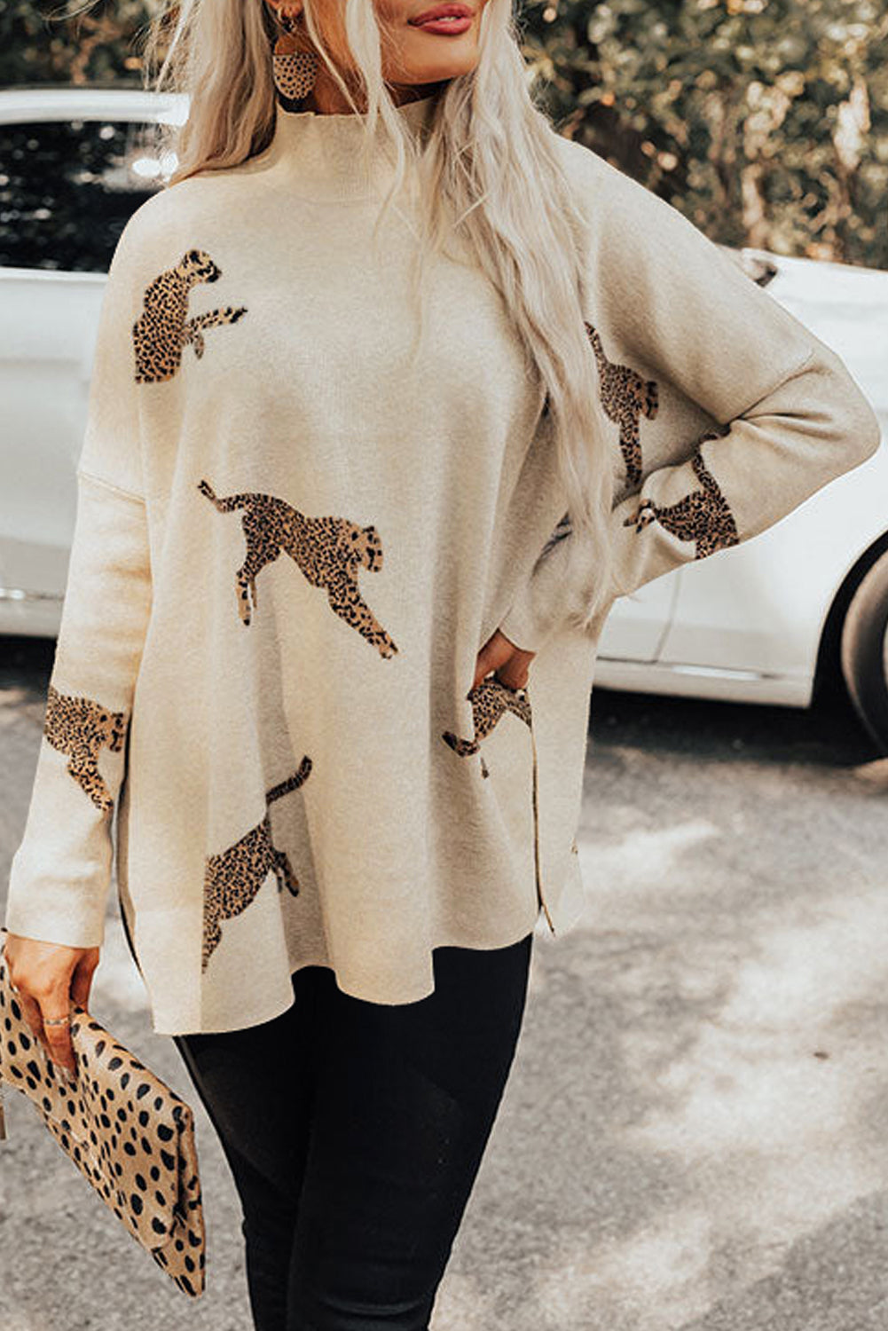 Parchment Cheetah Print High Neck Split Hem Sweater