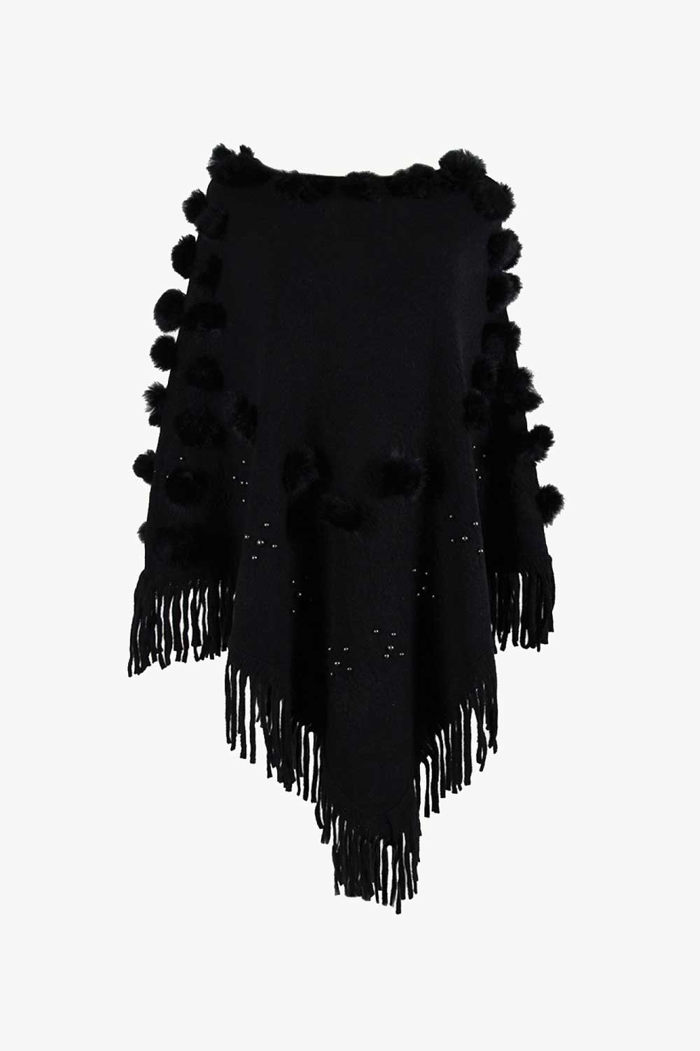 Bead Trim Boat Neck Fringed Poncho