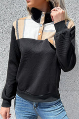 Kariertes, geripptes Sweatshirt mit Vierteldruckknopf