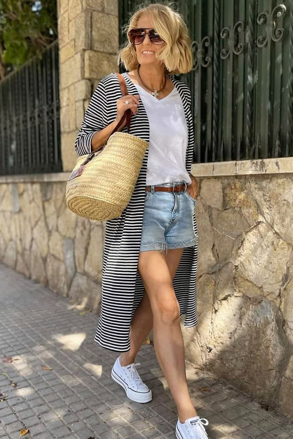 Black White Striped Print Open Front Long Cardigan