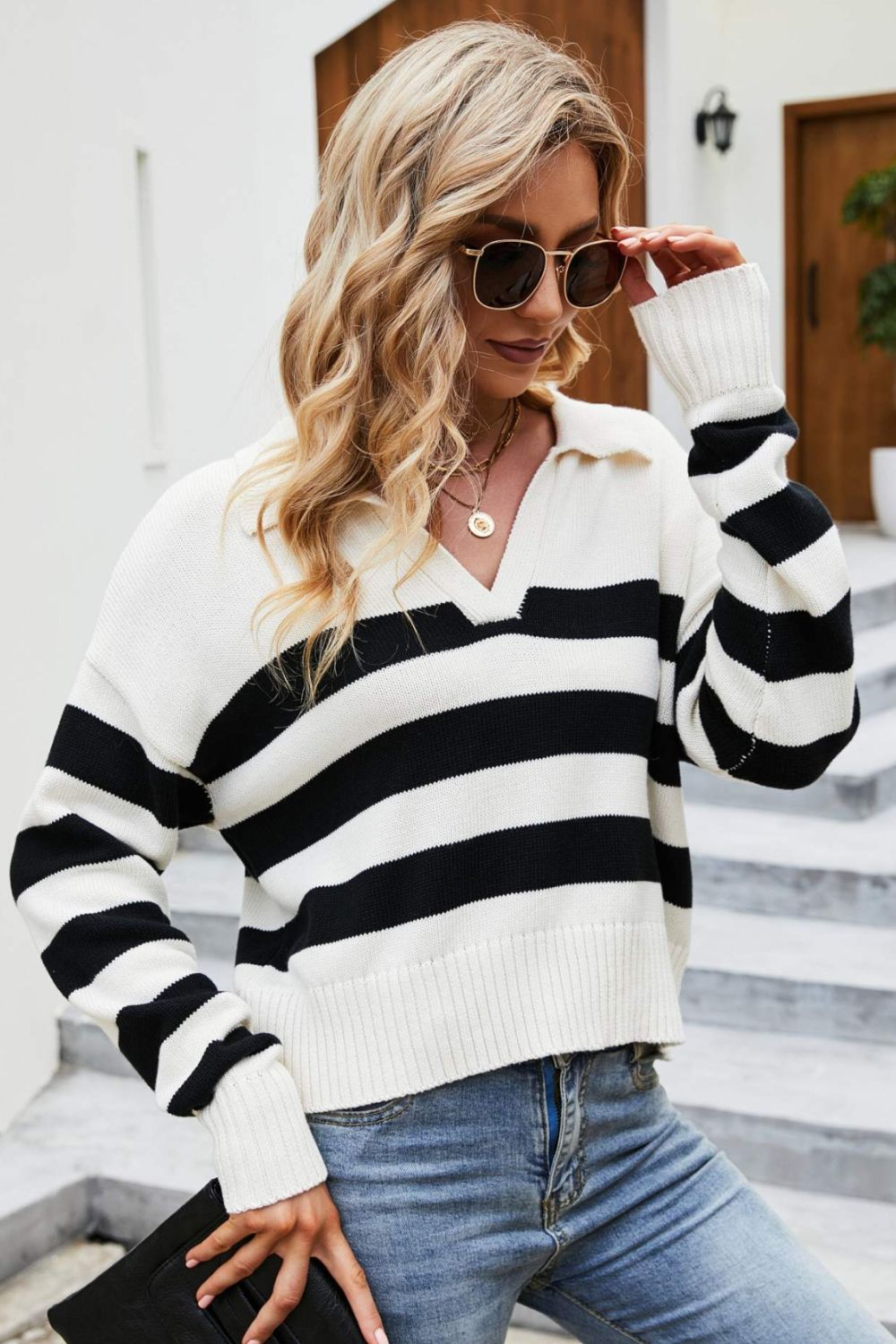 Striped Johnny Collar Dropped Shoulder Sweater