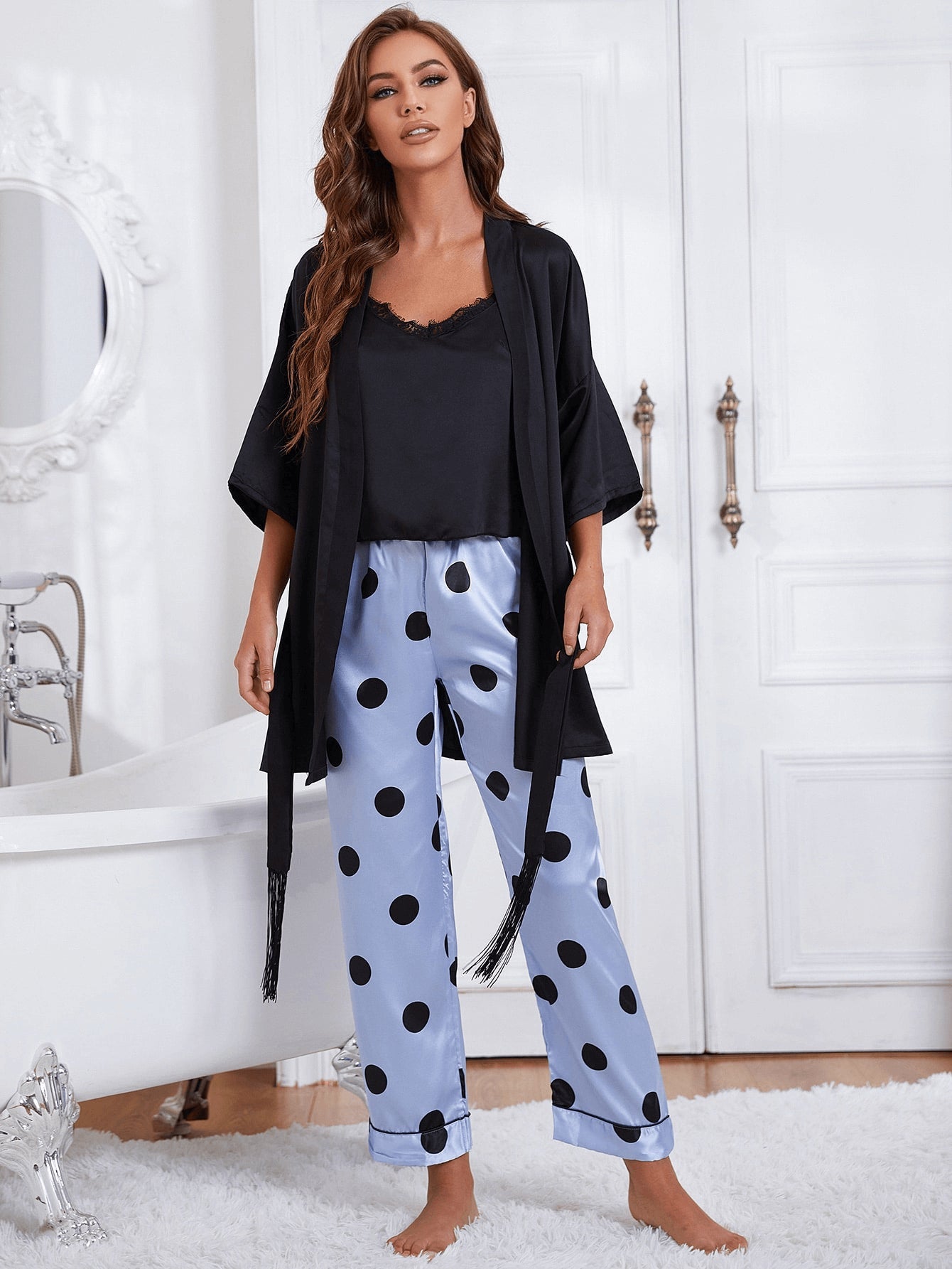 Cami, Robe, Printed Pants Pajama Set