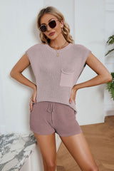 Ribbed Round Neck Pocket Knit Top Shorts Set