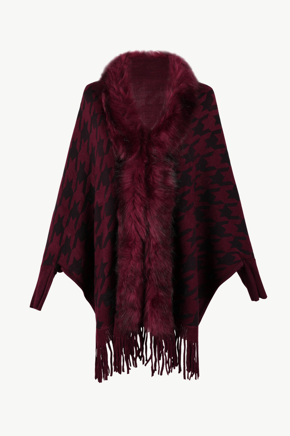Houndstooth Faux Fur Trim Fringe Hem Poncho