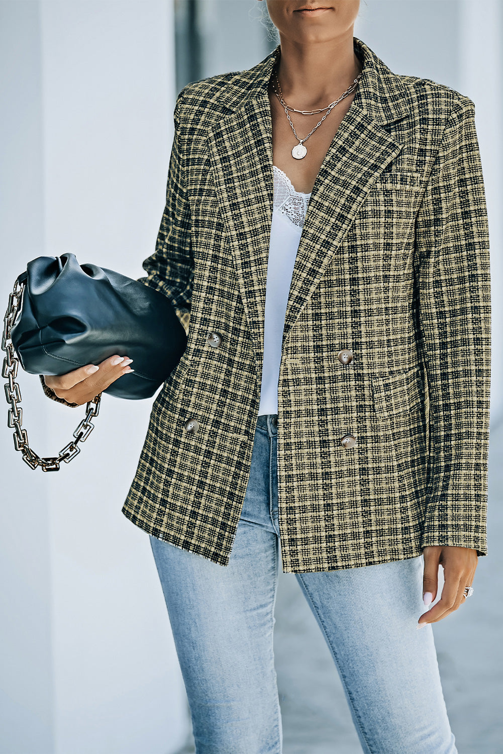 Karierter, zweireihiger Blazer mit langen Ärmeln