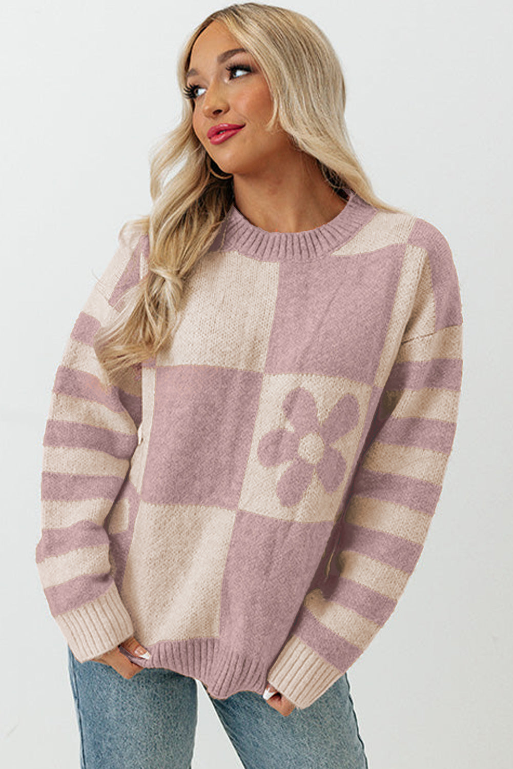 Brown Checkered Striped Knitted Pullover Sweater