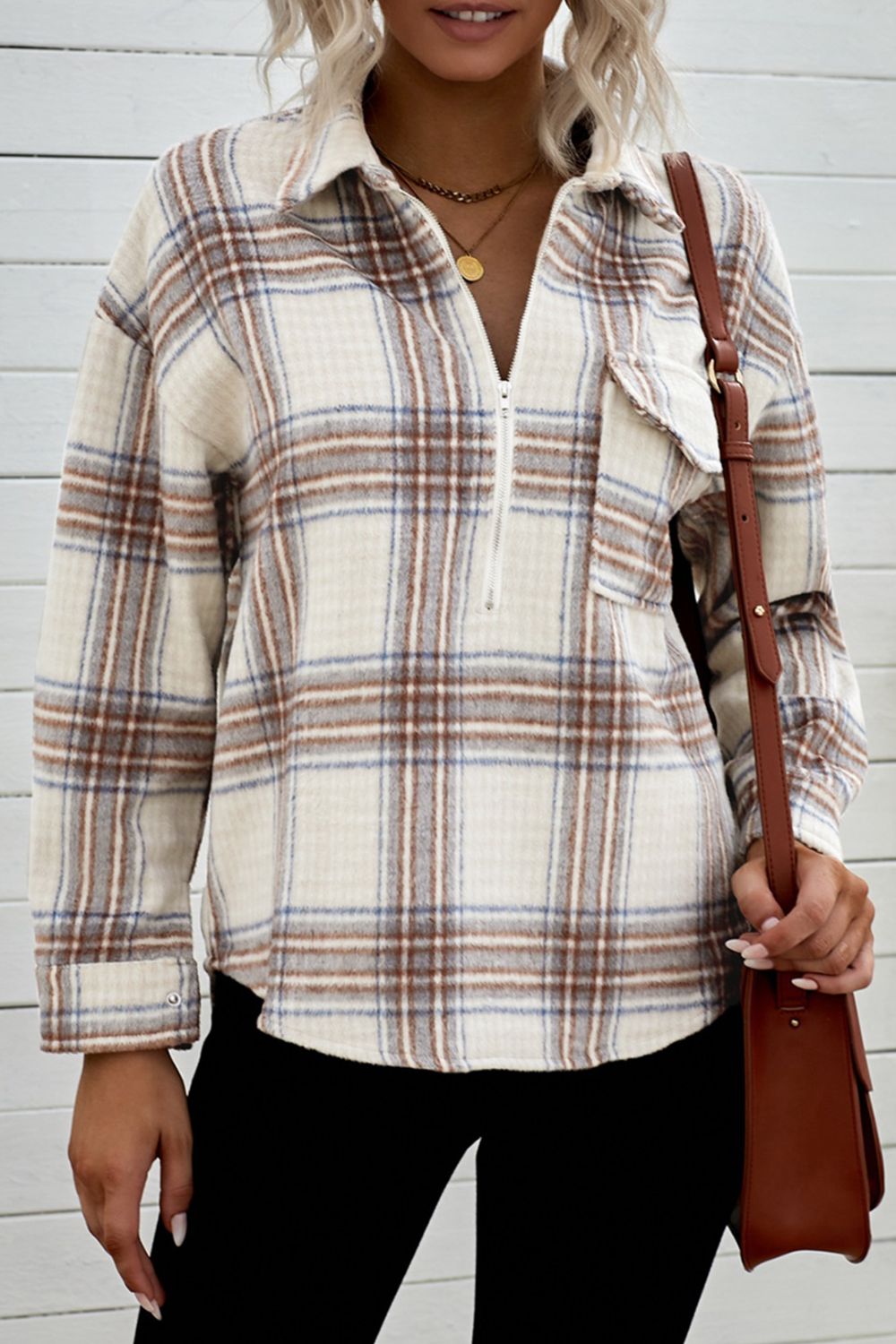 Sweat-shirt à carreaux avec col et ourlet incurvé et demi-zip